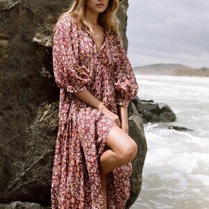 Daughters Of India Kyra Midi Dress Sumac Cotton Puff Sleeves Size Large Women's